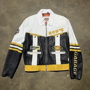 Vintage 90s Bob's Garage White/Black Boxy Leather Jacket
